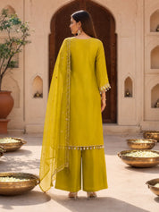 Yellow Mirror Embroidered 3-Piece Kurta Set in Crepe