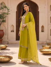 Yellow Mirror Embroidered 3-Piece Kurta Set in Crepe