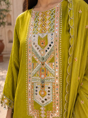 Yellow Mirror Embroidered 3-Piece Kurta Set in Crepe