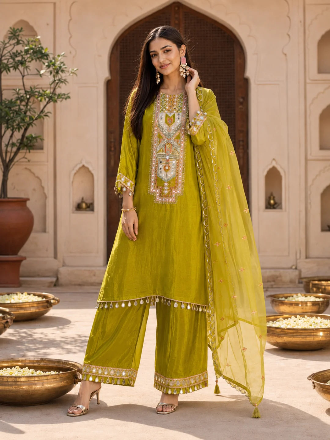 Yellow Mirror Embroidered 3-Piece Kurta Set in Crepe