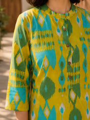 Yellow and Turquoise Ikkat Print Short Kurti in Cotton