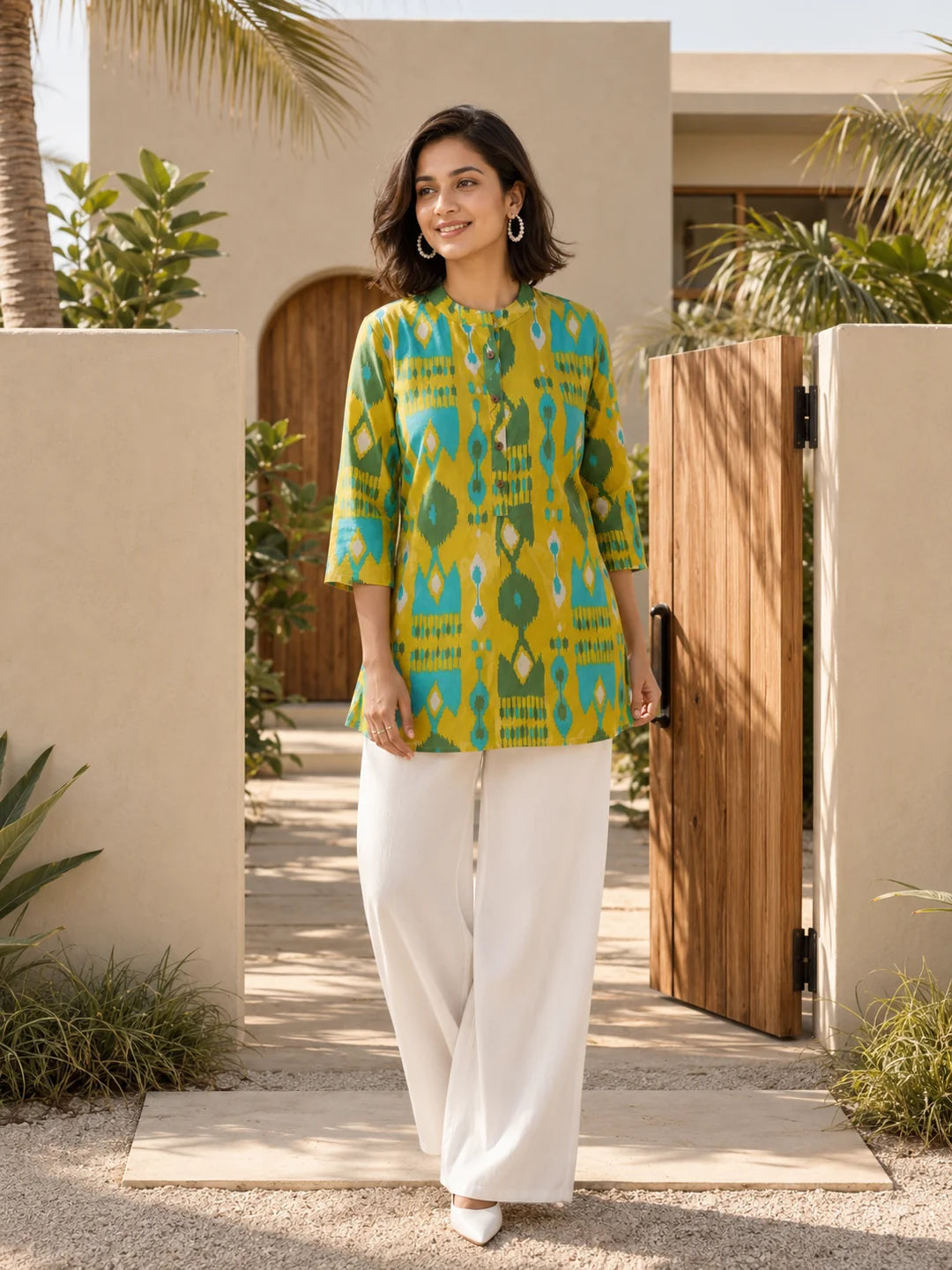 Yellow and Turquoise Ikkat Print Short Kurti in Cotton