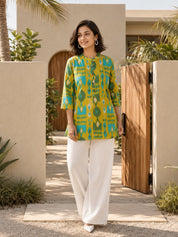 Yellow and Turquoise Ikkat Print Short Kurti in Cotton