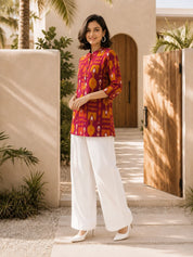 Pink and Orange Ikkat Print Short Kurti in Cotton