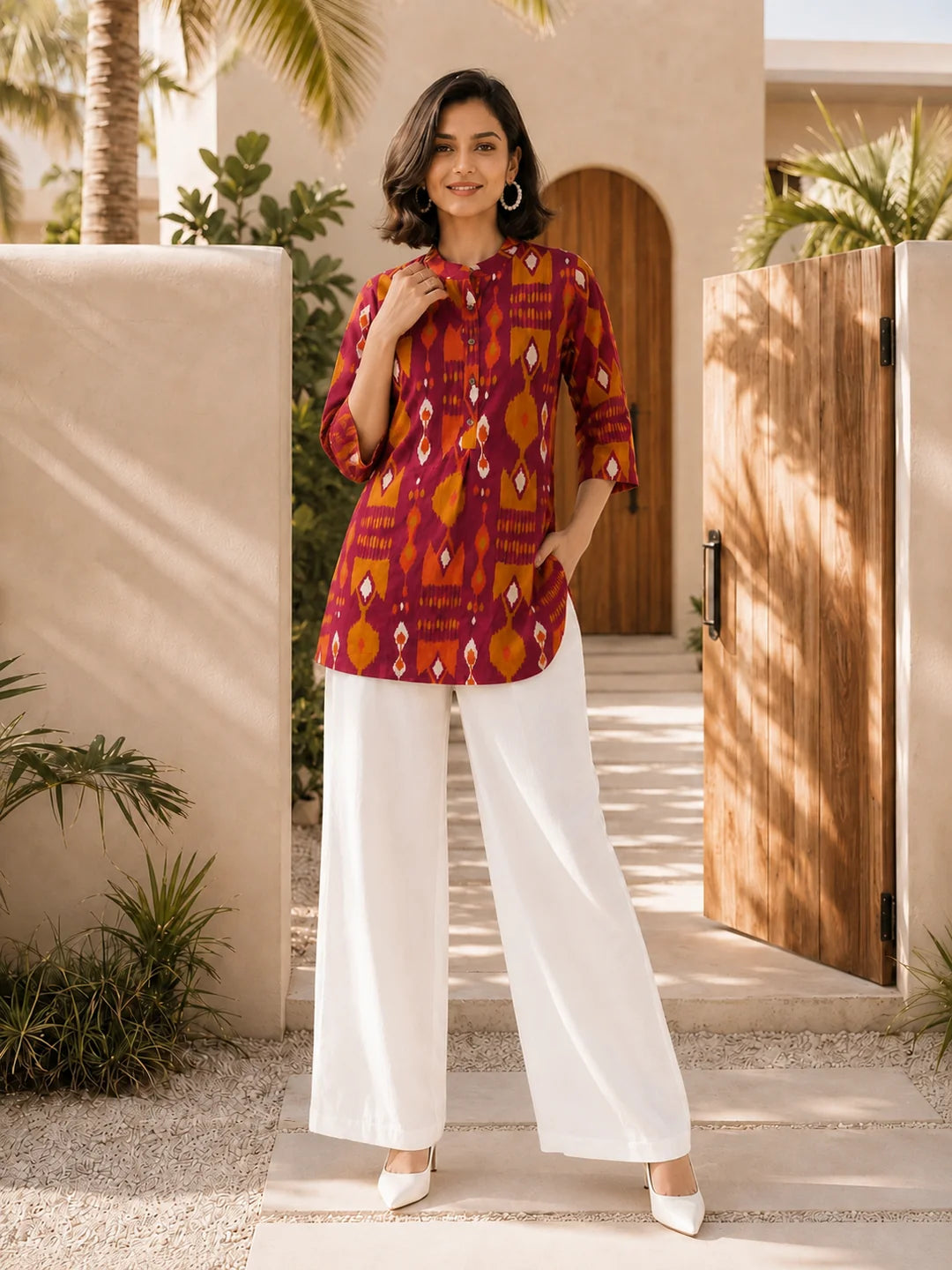 Pink and Orange Ikkat Print Short Kurti in Cotton