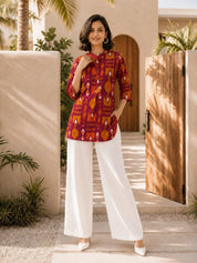 Pink and Orange Ikkat Print Short Kurti in Cotton