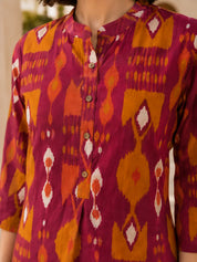 Pink and Orange Ikkat Print Short Kurti in Cotton