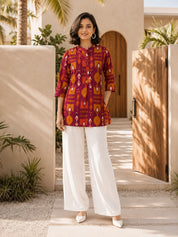 Pink and Orange Ikkat Print Short Kurti in Cotton