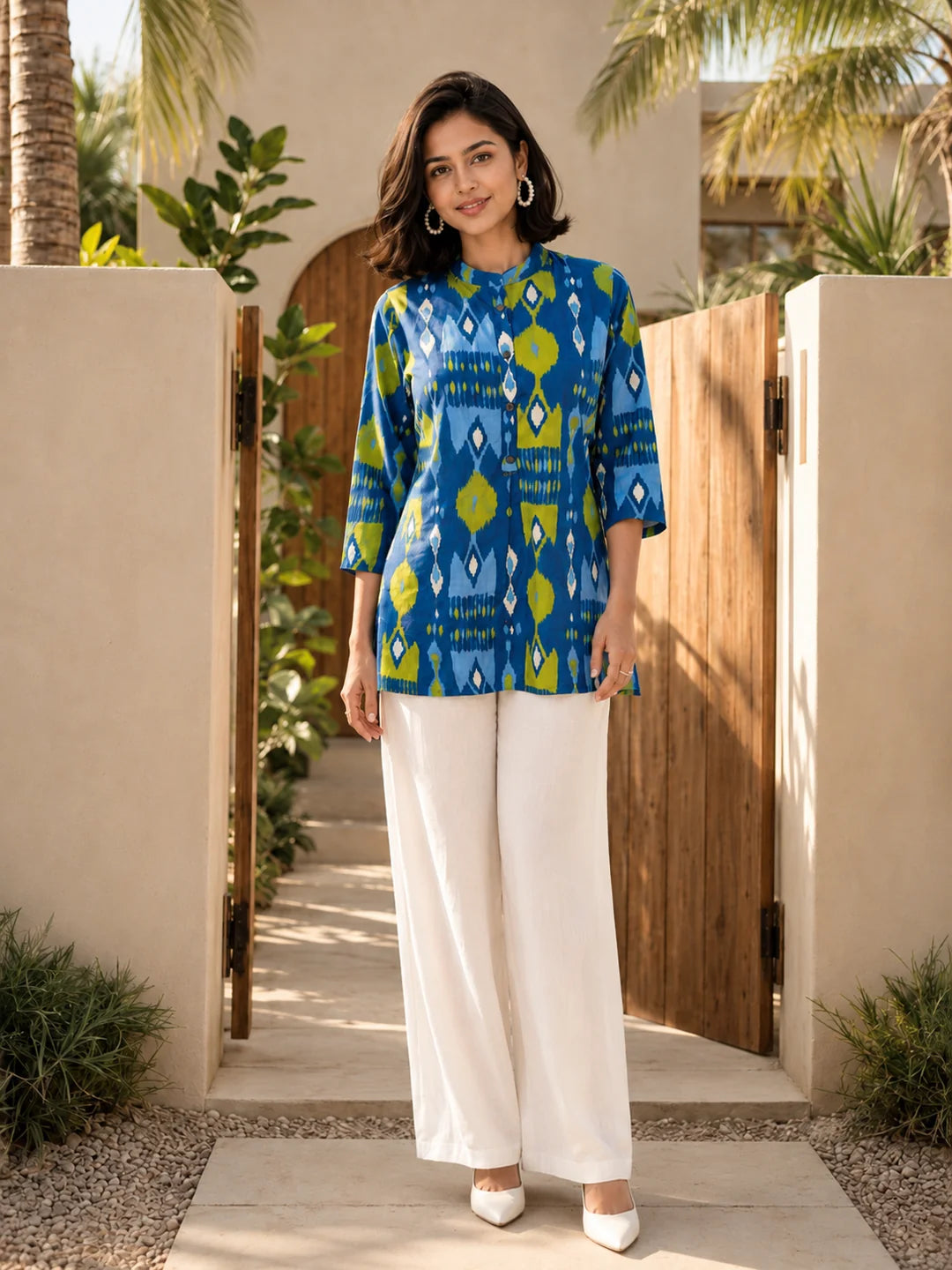 Blue and Green Ikkat Print Short Kurti in Cotton