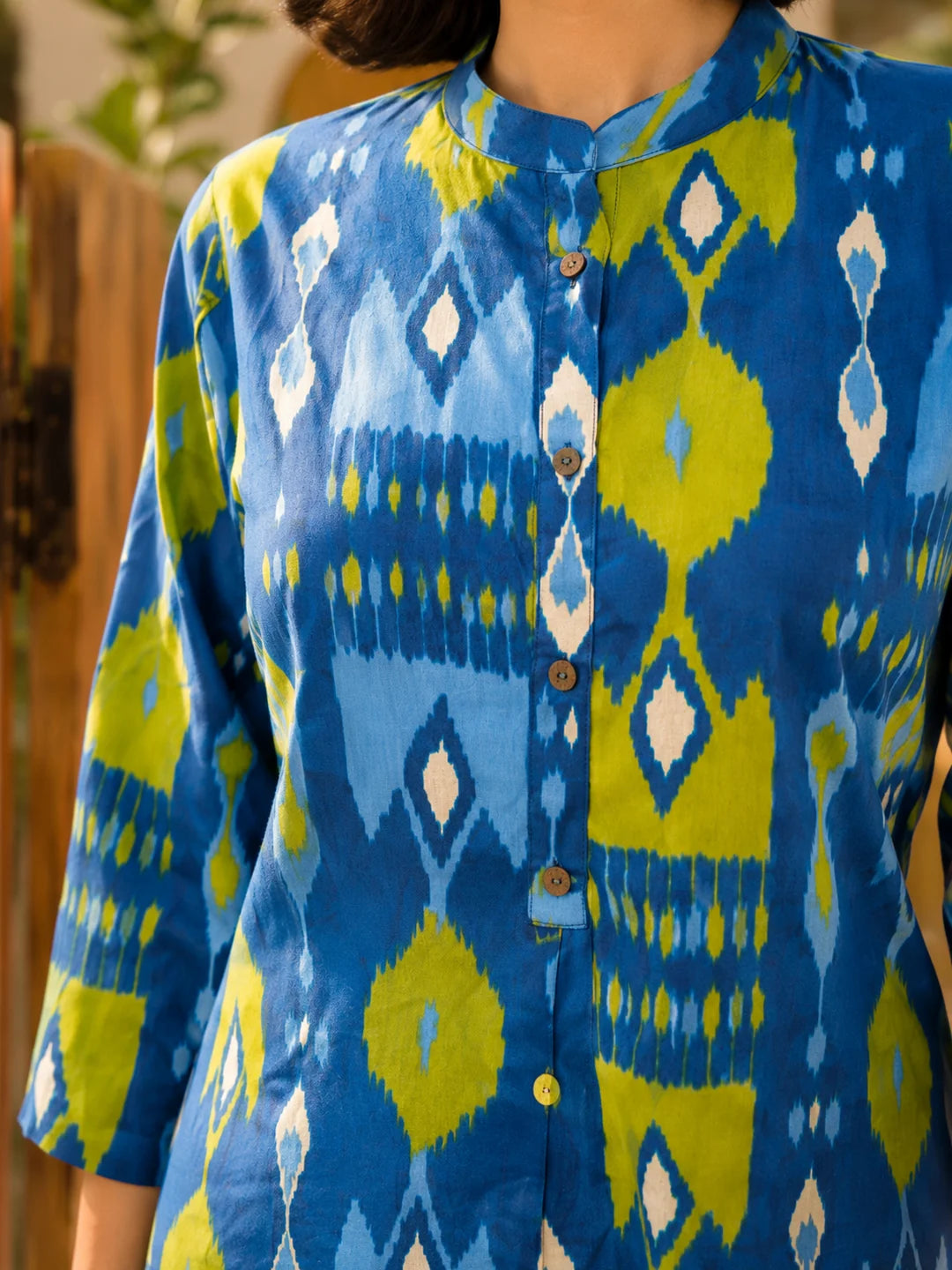 Blue and Green Ikkat Print Short Kurti in Cotton
