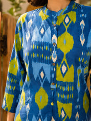 Blue and Green Ikkat Print Short Kurti in Cotton