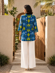 Blue and Green Ikkat Print Short Kurti in Cotton
