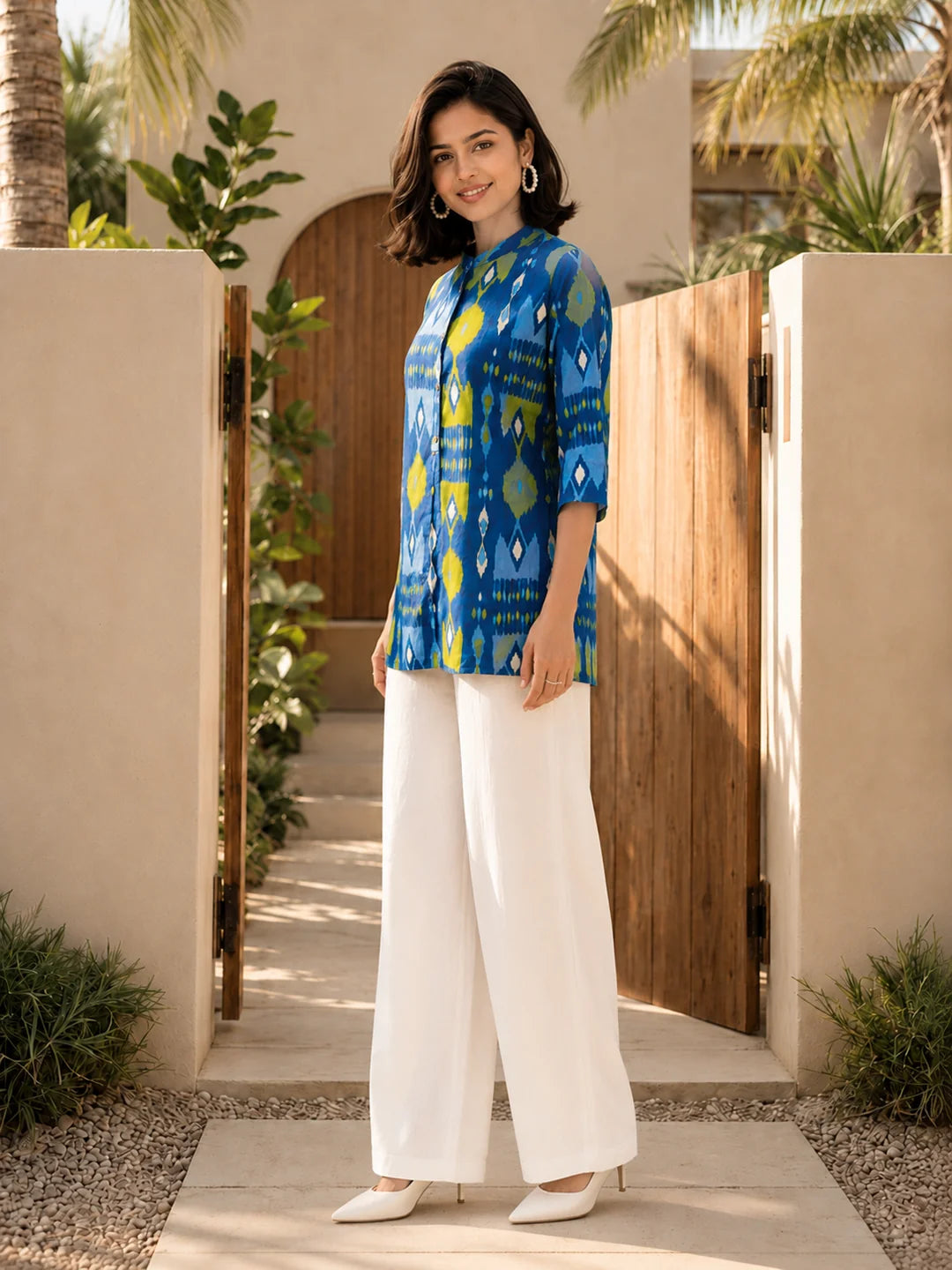 Blue and Green Ikkat Print Short Kurti in Cotton