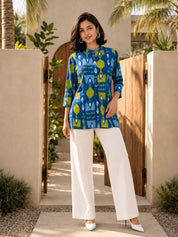 Blue and Green Ikkat Print Short Kurti in Cotton