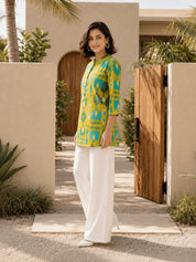 Yellow and Turquoise Ikkat Print Short Kurti in Cotton