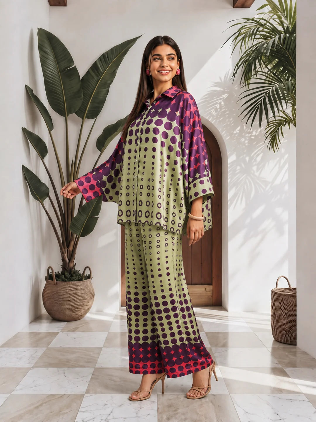 Sage Green Printed 2-Piece Co-ord Set in Muslin