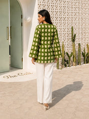 Green and Cream Geometric Printed Short Kurti in Cotton