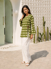 Green and Cream Geometric Printed Short Kurti in Cotton