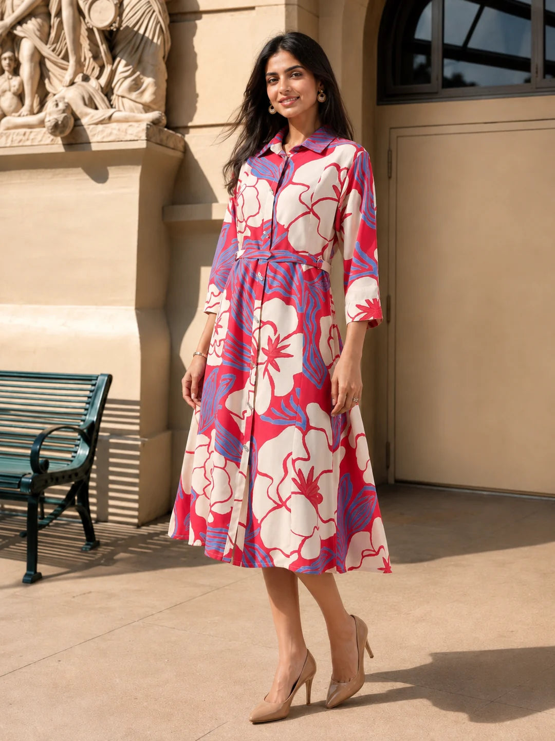 Multi Color Abstract Printed Bold flower Motif Russian Silk Midi Dress