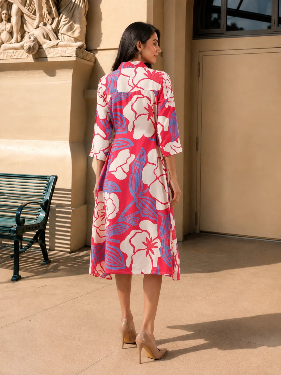 Multi Color Abstract Printed Bold flower Motif Russian Silk Midi Dress