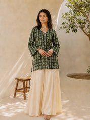 Dark Olive Green Printed Short Kurti in Cotton