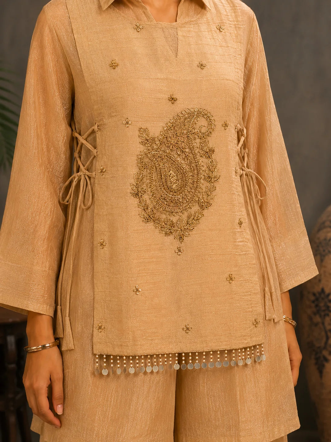 Champagne Gold 3-Piece Co-Ord Set in Shimmer Tissue