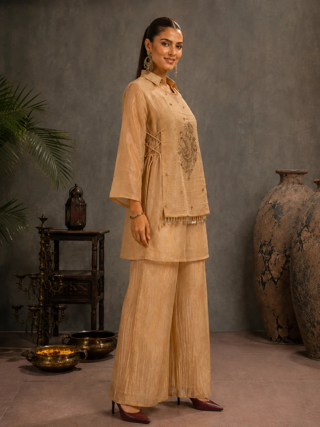 Champagne Gold 3-Piece Co-Ord Set in Shimmer Tissue