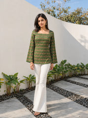 Green Floral Buti Short Kurti in Cotton