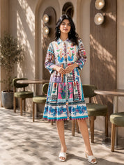 Multicolor Embroidered Printed Cotton Midi Dress