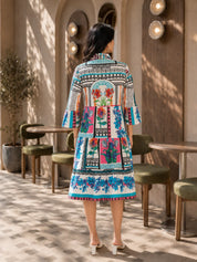 Multicolor Embroidered Printed Cotton Midi Dress