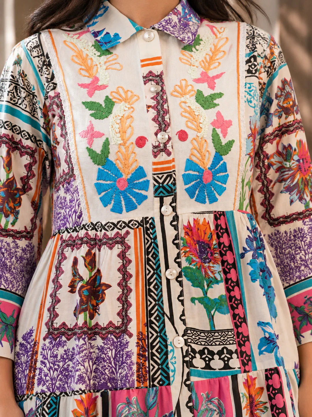 Multicolor Embroidered Printed Cotton Midi Dress
