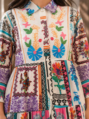 Multicolor Embroidered Printed Cotton Midi Dress
