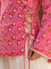 Pink Floral Trellis Tie-Up Printed Short Kurti in Cotton