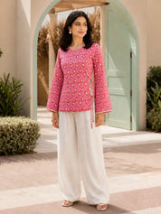 Pink Floral Trellis Tie-Up Printed Short Kurti in Cotton