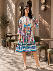 Multicolor Embroidered Printed Cotton Midi Dress