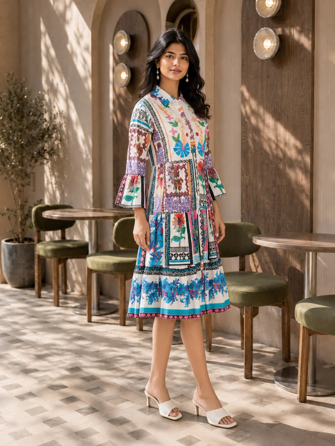 Multicolor Embroidered Printed Cotton Midi Dress