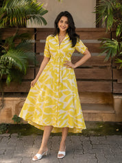 Yellow Russian Silk Floral Printed Midi Dress