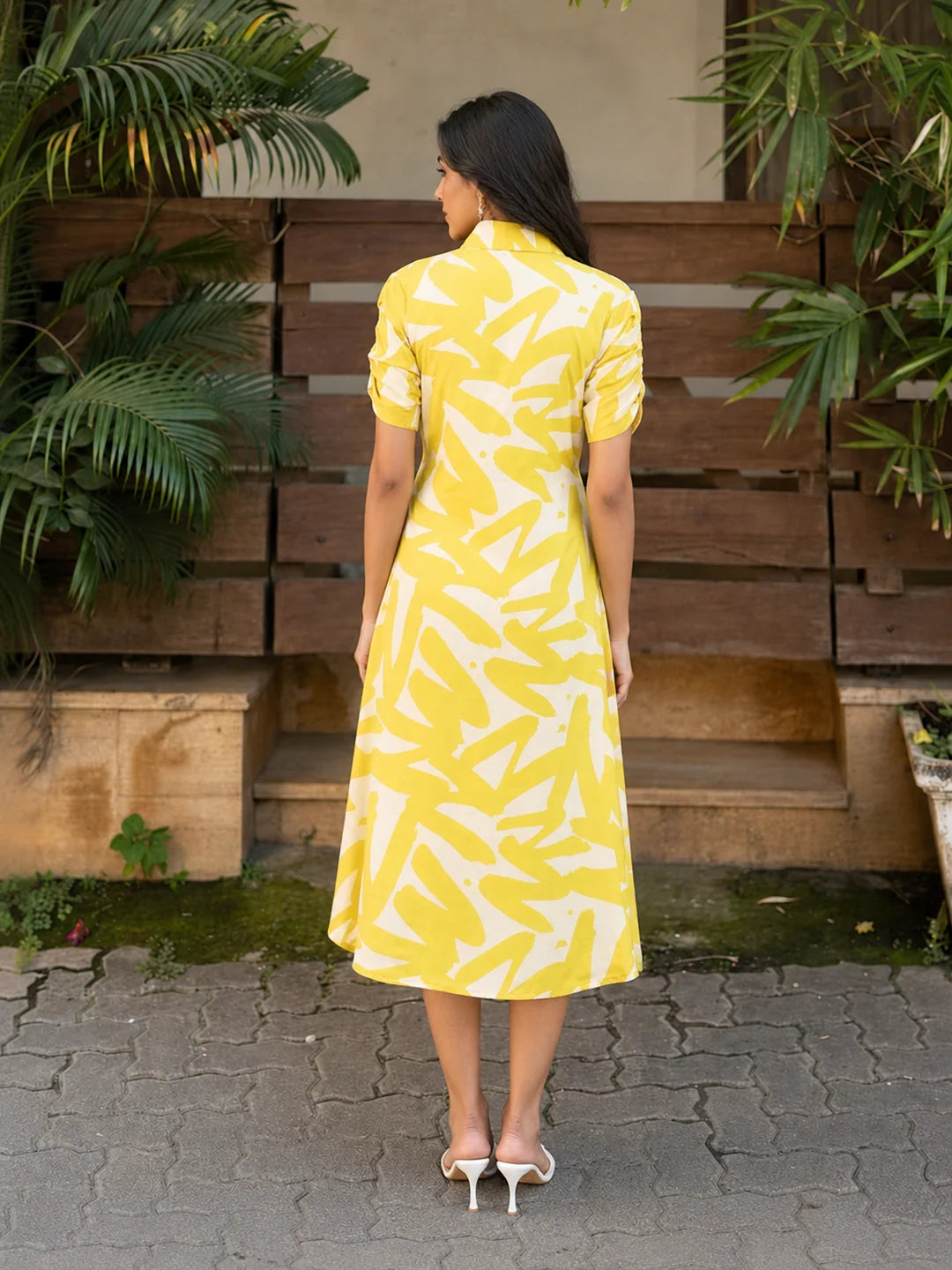 Yellow Russian Silk Floral Printed Midi Dress