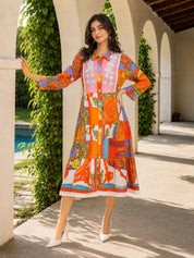 Vestido camisero de algodón naranja con encaje floral abstracto