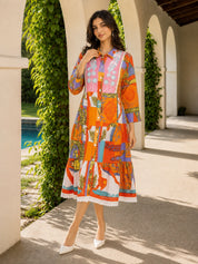 Vestido camisero de algodón naranja con encaje floral abstracto