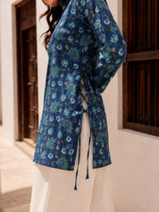 Blue Side Criss-Cross Tie Floral Jaal Short Kurti in Cotton