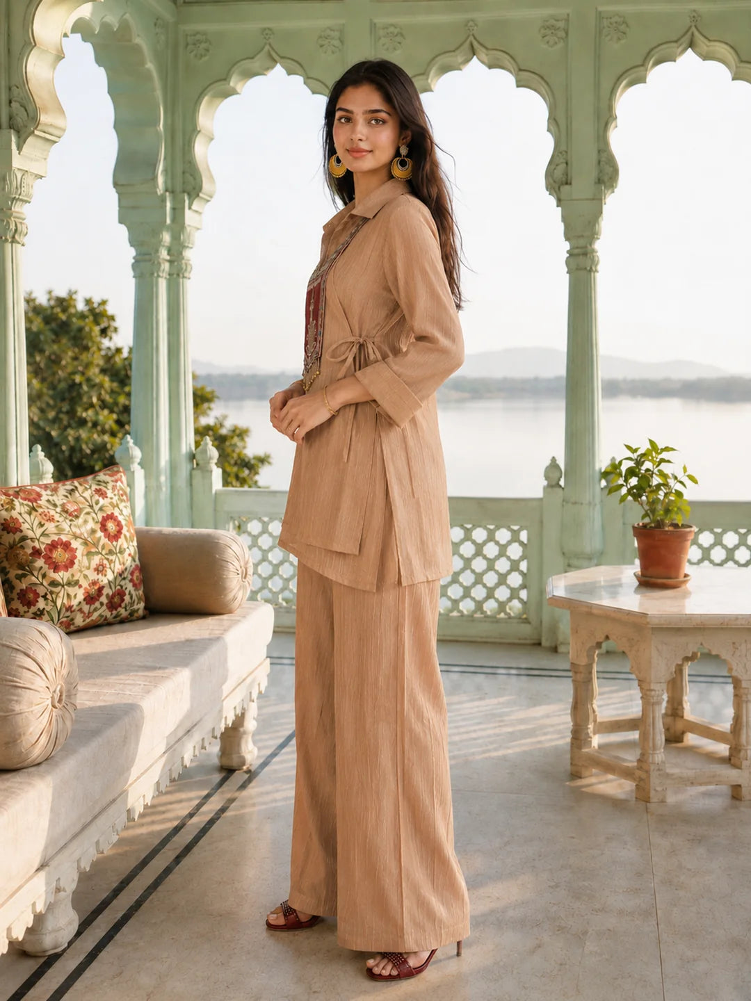 Dusty Rose Shimmer 3 Piece Co-ord Set with Embroidered Yoke in Crushed Tissue