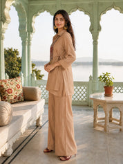Dusty Rose Shimmer 3 Piece Co-ord Set with Embroidered Yoke in Crushed Tissue