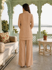 Dusty Rose Shimmer 3 Piece Co-ord Set with Embroidered Yoke in Crushed Tissue
