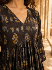 Black Gathered Bust Buta Flared A-Line Short Kurti in Cotton