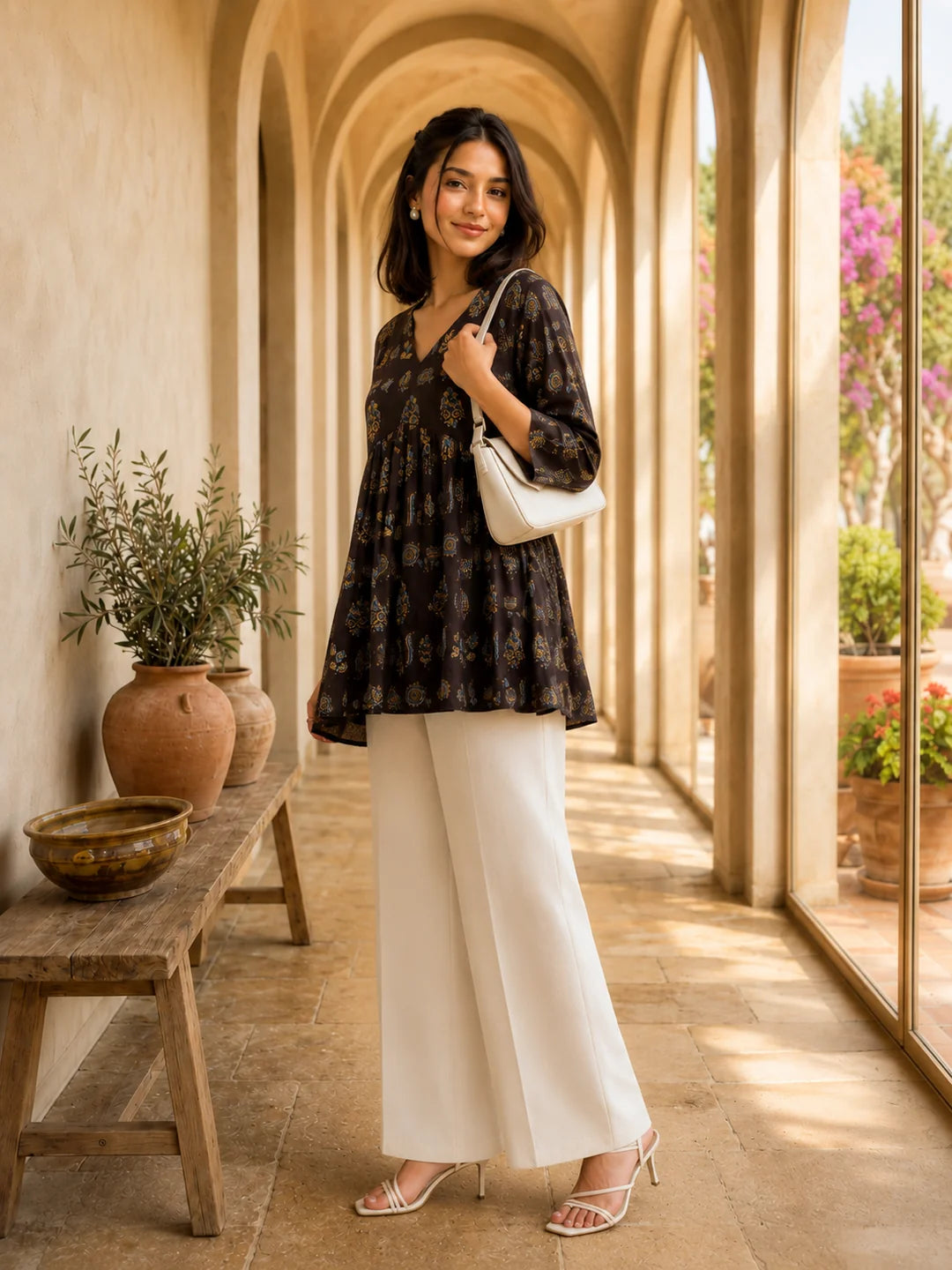 Black Gathered Bust Buta Flared A-Line Short Kurti in Cotton