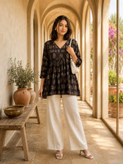 Black Gathered Bust Buta Flared A-Line Short Kurti in Cotton