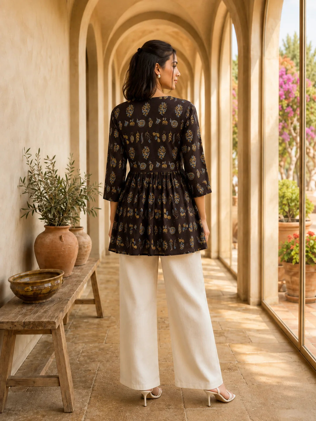 Black Gathered Bust Buta Flared A-Line Short Kurti in Cotton