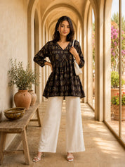 Black Gathered Bust Buta Flared A-Line Short Kurti in Cotton