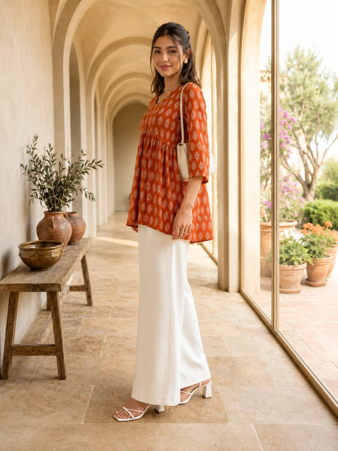 Orange Gathered Bust Leaf Buta Flared Short Kurti in Cotton